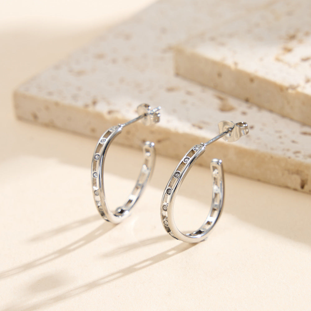 Gold Plated Stainless Steel Hollow Cutout Open C Hoop Earrings With Set CZ Stones