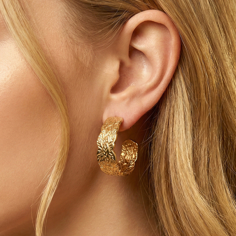 Gold Plated Stainless Steel Wide C Hoop Earrings with Embossed Leaf Pattern