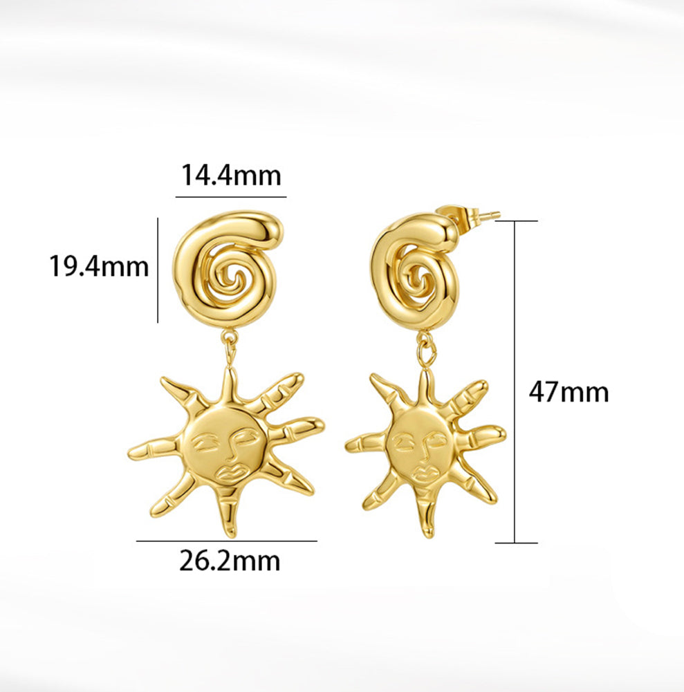 Stainless Steel Gold Plated Spiral Sun Face Dangle Drop Earrings