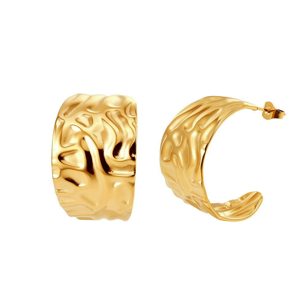 Gold Plated Stainless Steel Hammered Irregular Texture Wide C-Shaped Hoop Earrings