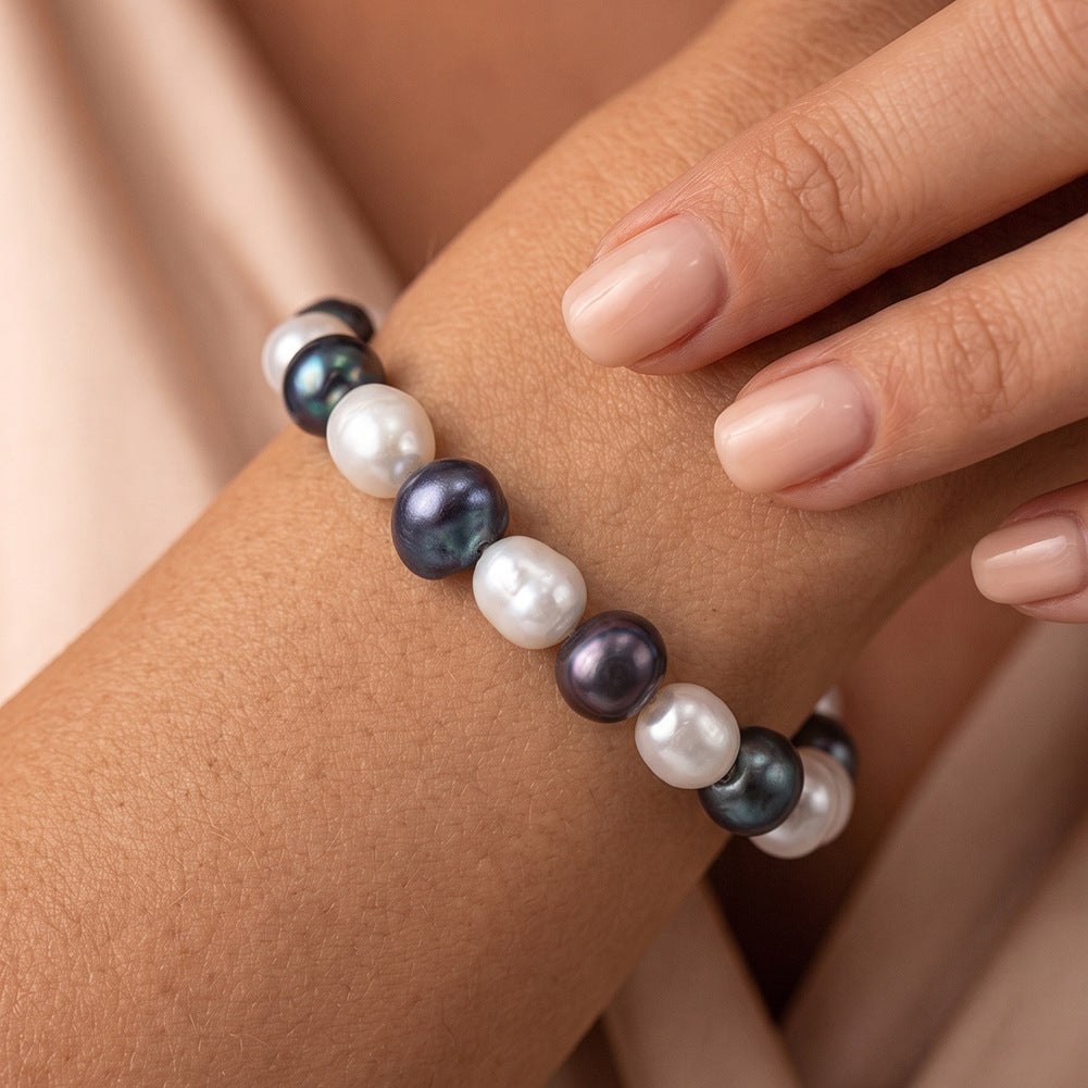 Stretch Beaded Bracelet, Mixed Black Peacock & White Baroque Freshwater Pearls with Polished Silver Metal Spacer Beads, Irregular Natural Pearl Luster