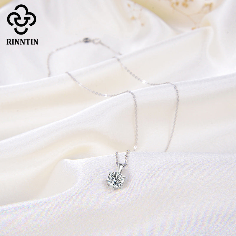 Silver Stainless Steel 6-Prong Round CZ Solitaire Necklace, Single Clear Round Cubic Zirconia Pendant Thin Rolo Chain
