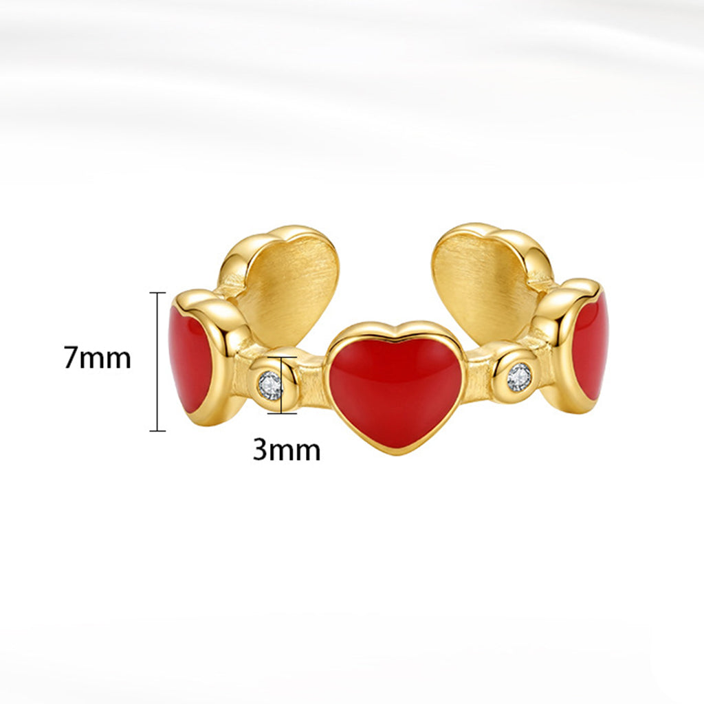 Stainless Steel Gold Plated Open Adjustable Ring with Red Enamel Hearts and Tiny CZ Stones