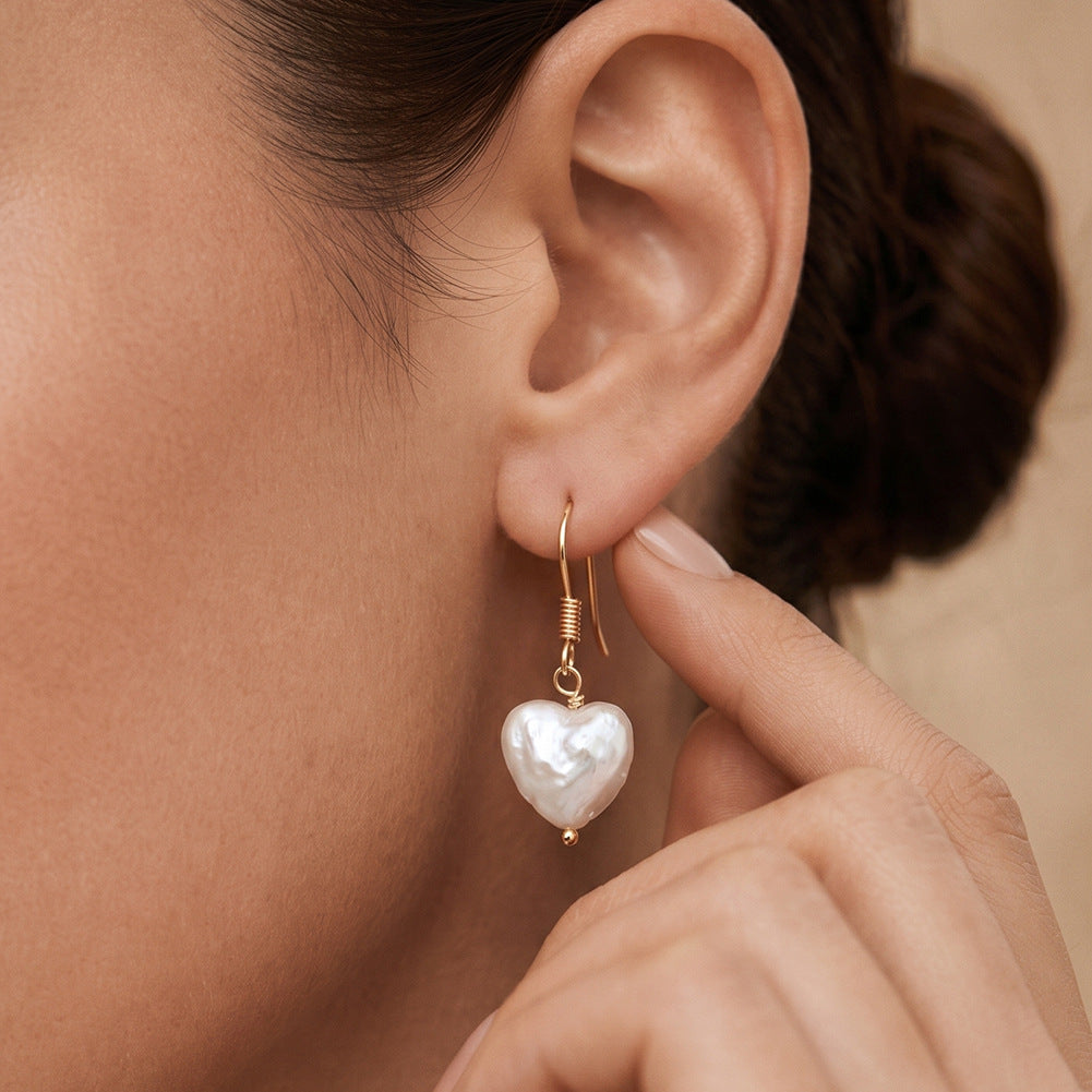 Sterling Silver Hook Heart Shaped Baroque Pearl Earrings, Unique Heart Form Iridescent Freshwater Baroque Pearl Drop Earrings
