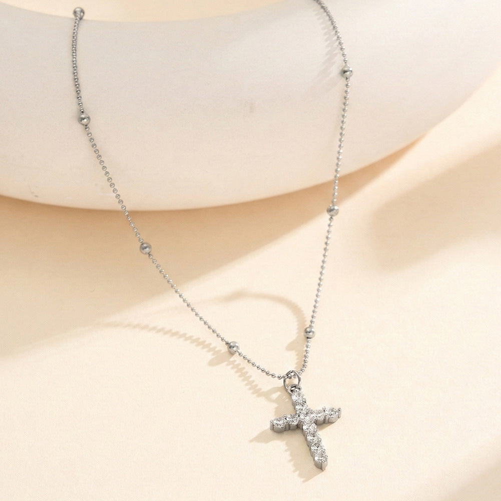 Silver Stainless Steel Paved CZ Cross Pendant Necklace, Ball Bead Satellite Chain Full Crystal Cross Charm Necklace