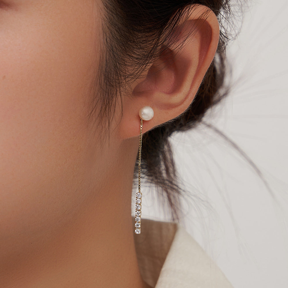 S925 Gold Plated Long Box Chain Pearl Threader Earrings, Single Large Round Lustrous Freshwater Pearl with Vertical CZ Drop Tassel