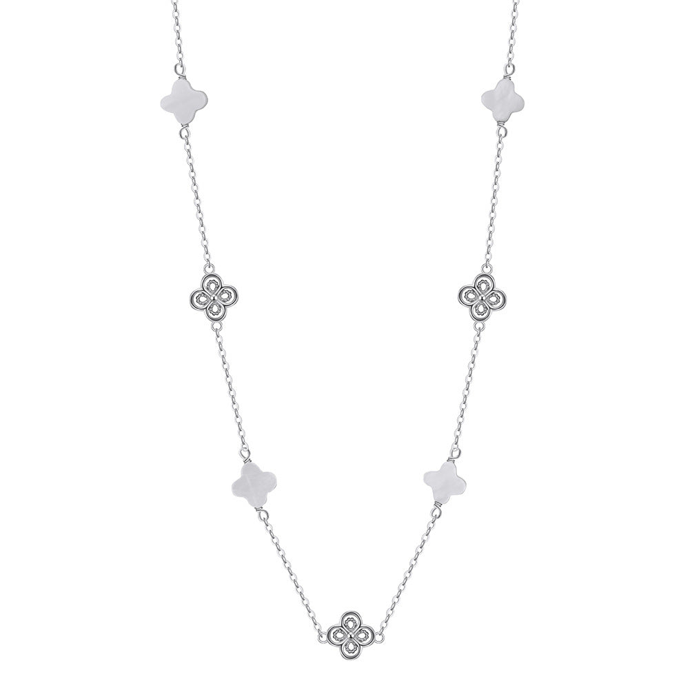 Silver Mixed Clover Station Necklace, White Mother of Pearl Clovers paired with CZ Paved Four Leaf Clover Charms