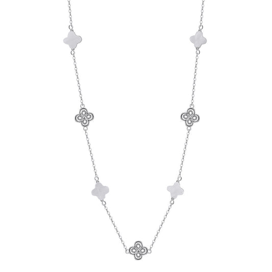 Silver Mixed Clover Station Necklace, White Mother of Pearl Clovers paired with CZ Paved Four Leaf Clover Charms