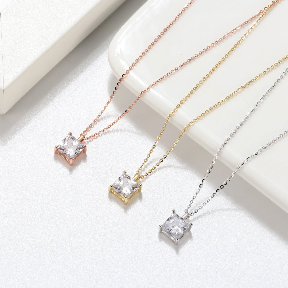 Gold Stainless Steel Princess Square Cut CZ Pendant Necklace, Square Clear Cubic Zirconia 4-Prong Solitaire Pendant Necklace