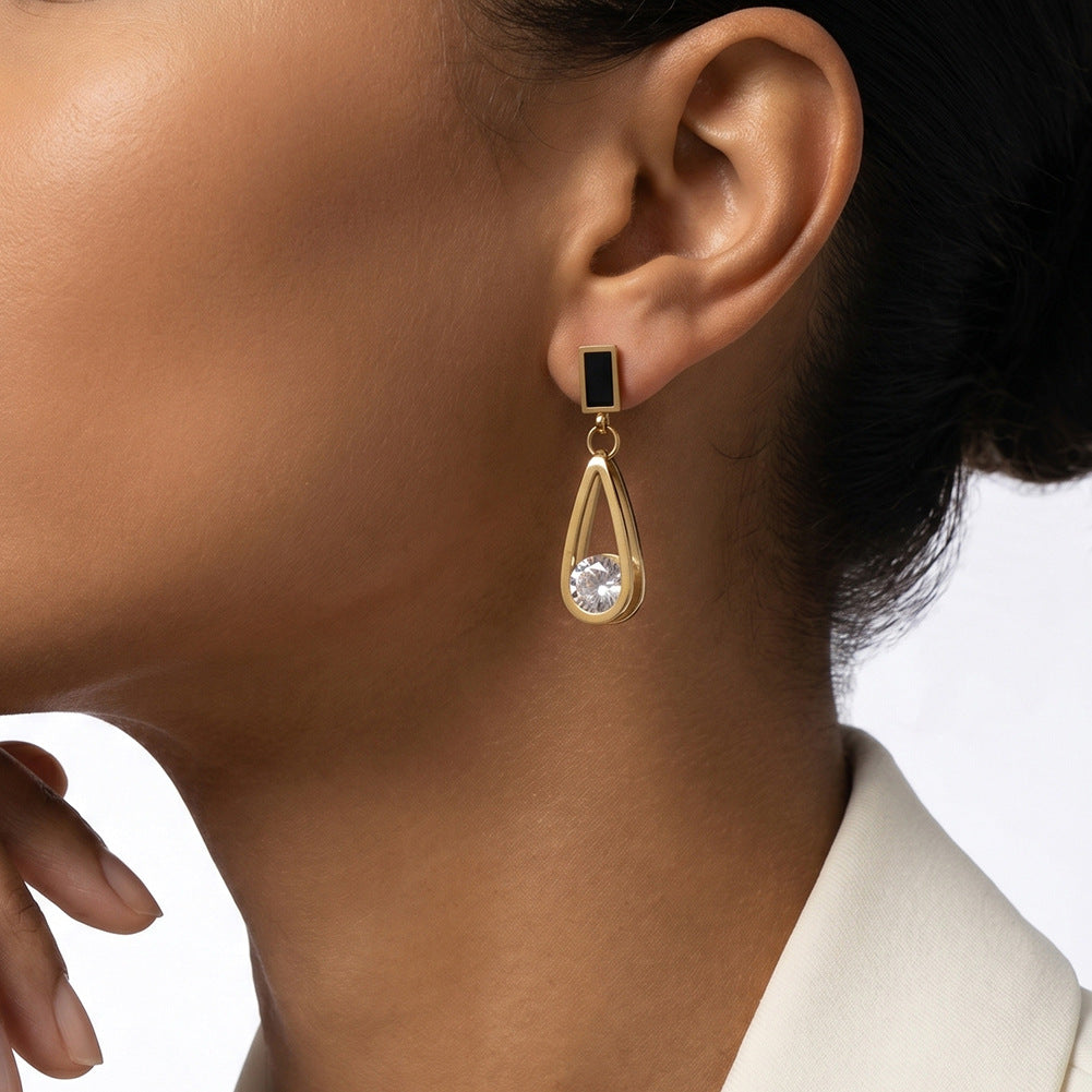 Gold Plated Stainless Steel Black Enamel Teardrop Hollow Frame CZ Dangle Earrings