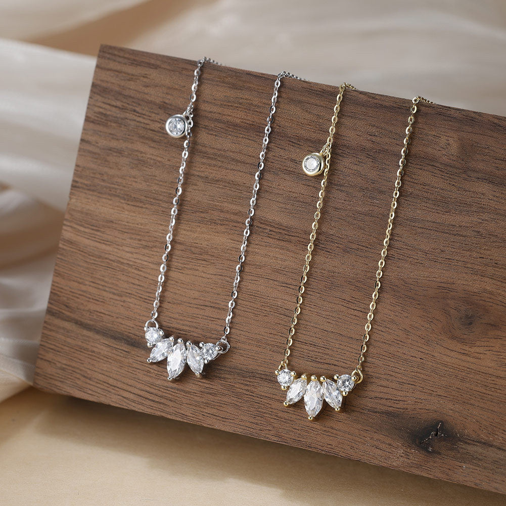 Silver Stainless Steel Marquise CZ Cluster Necklace, Leaf Shape Clear Cubic Zirconia Pendant with Single Side Tiny CZ Accent