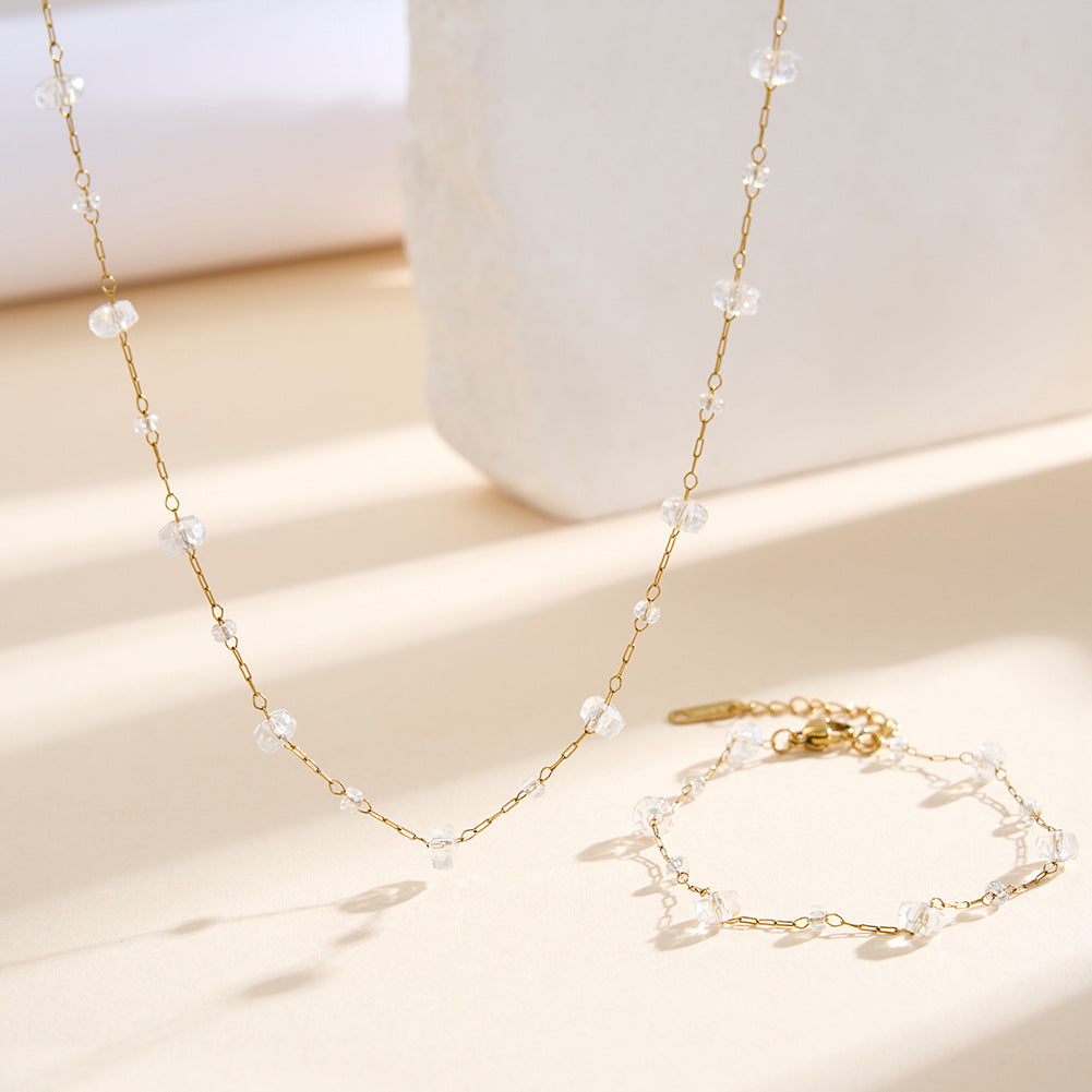 Gold Stainless Steel Clear Crystal Beaded Necklace, Irregular Faceted Glass Crystal Station Chain With Adjustable Extender