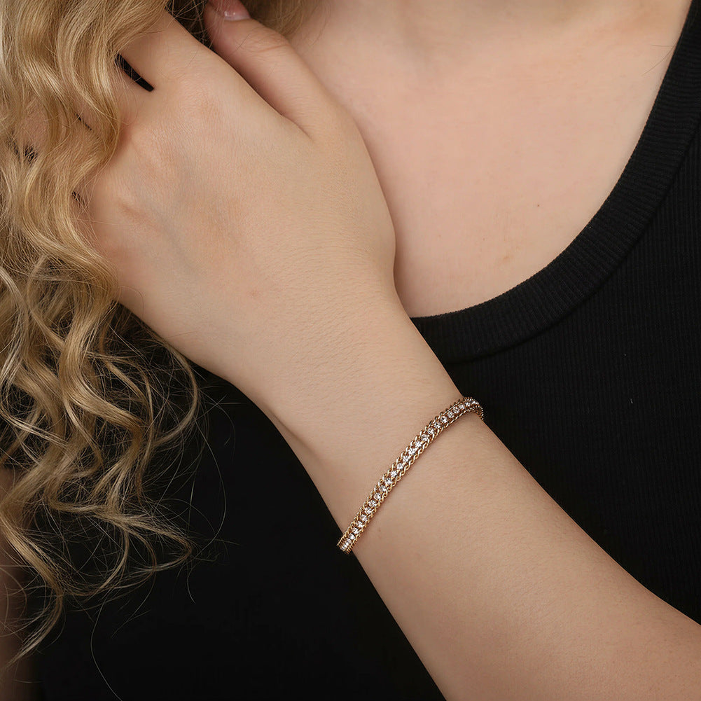 Silver Stainless Steel Single Row CZ Braided Bracelet, Paved Cubic Zirconia Woven Band, Adjustable Extension Chain