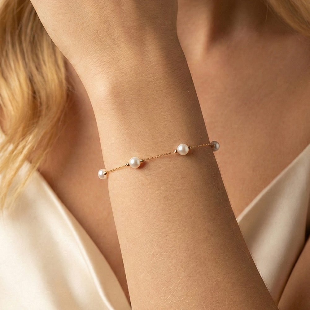 Gold Plated Stainless Steel Dainty Pearl Station Bracelet, Round White Imitation Pearls & Tiny Gold Spacer Beads, Adjustable