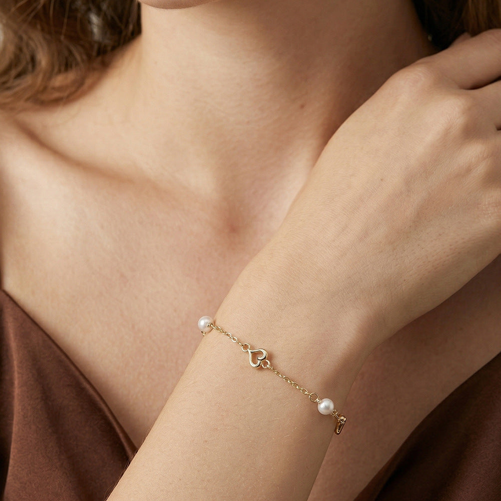S925 Sterling Silver Thin Chain Bracelet, Round Lustrous Freshwater Pearls & Hollow Open Heart Charms, Adjustable Extension Chain