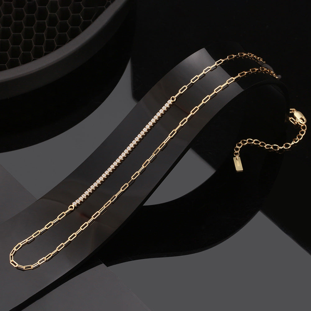Gold Stainless Steel Paperclip Chain Choker Necklace, Partial Pave Clear CZ Inlaid Adjustable Paperclip Link Chain