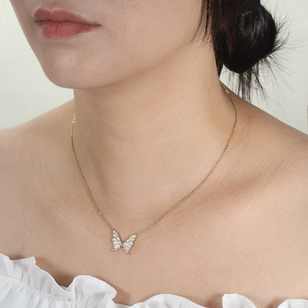 Gold Stainless Steel Glow In The Dark Butterfly Pendant Necklace, Luminous Enamel Butterfly Charm Cable Chain Necklace