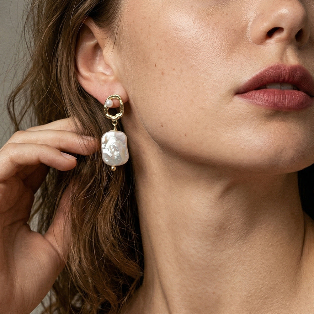 S925 Sterling Silver Irregular Hollow Frame Baroque Pearl Earrings, Small Round Pearl Accent Large Rectangle Baroque Freshwater Pearl Dangles