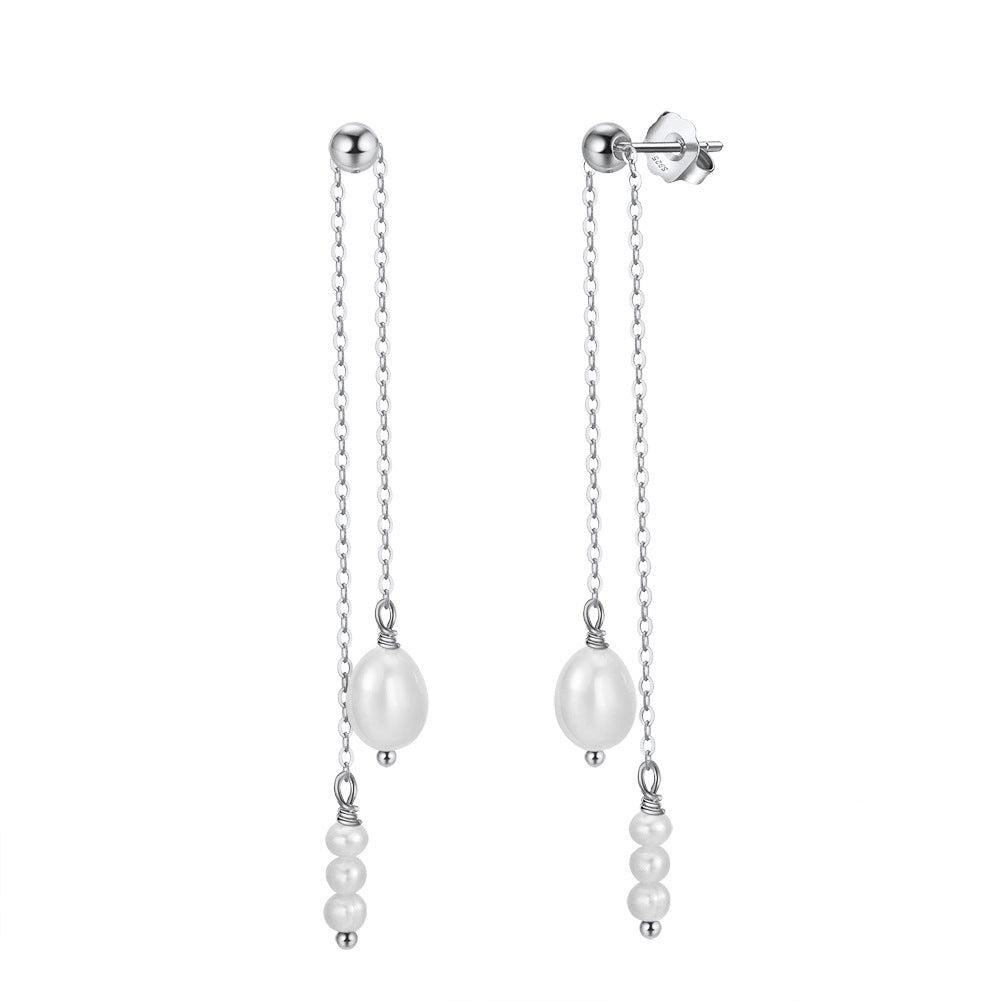S925 Silver Multi-layer Tassel Pearl Dangle Earrings, Large Irregular Baroque Freshwater Pearl & Small Rice Pearls on Dual Delicate Cable Chains