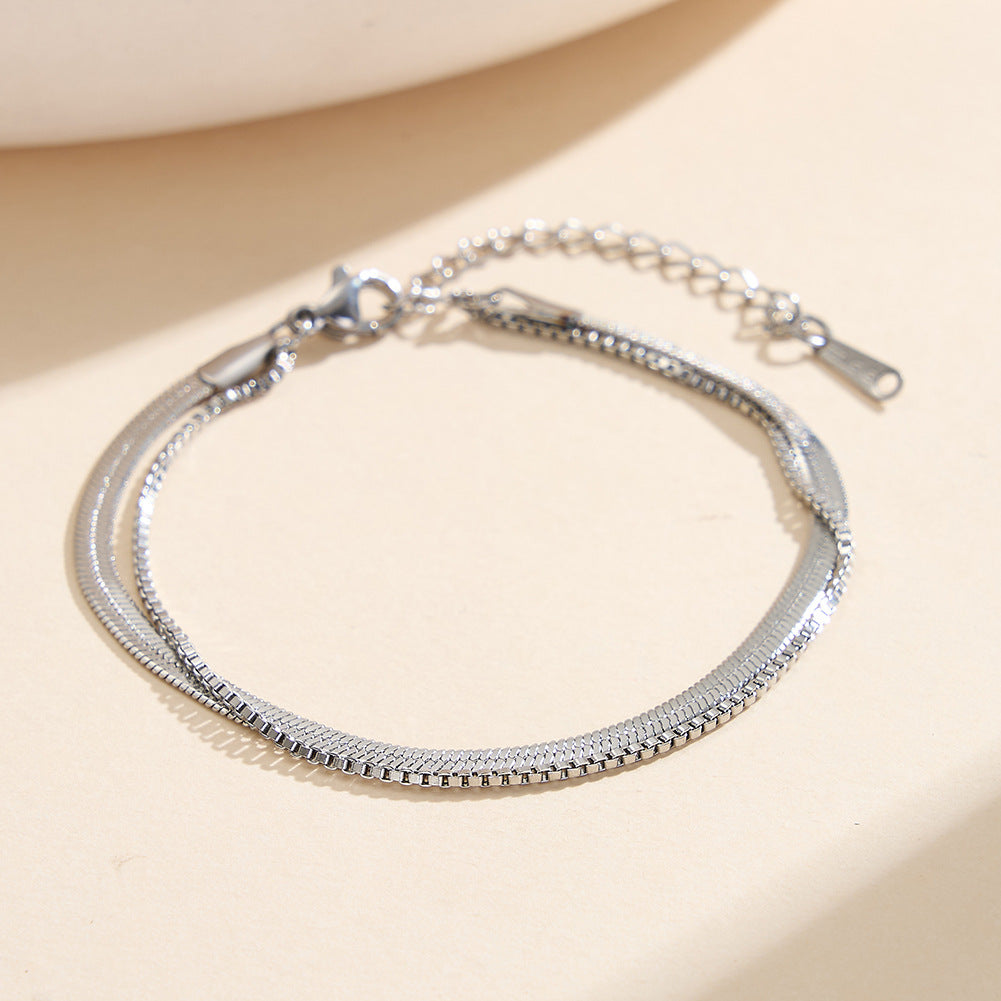 Gold Plated Stainless Steel Double Flat Herringbone Snake Bracelet, Stackable Thin Fishbone Chain, Adjustable