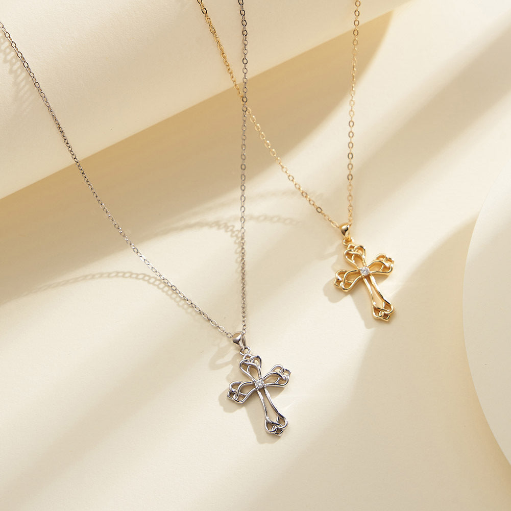 Gold Stainless Steel Celtic Knot Cross Necklace, Hollow Interwoven Cross with Center CZ Pendant
