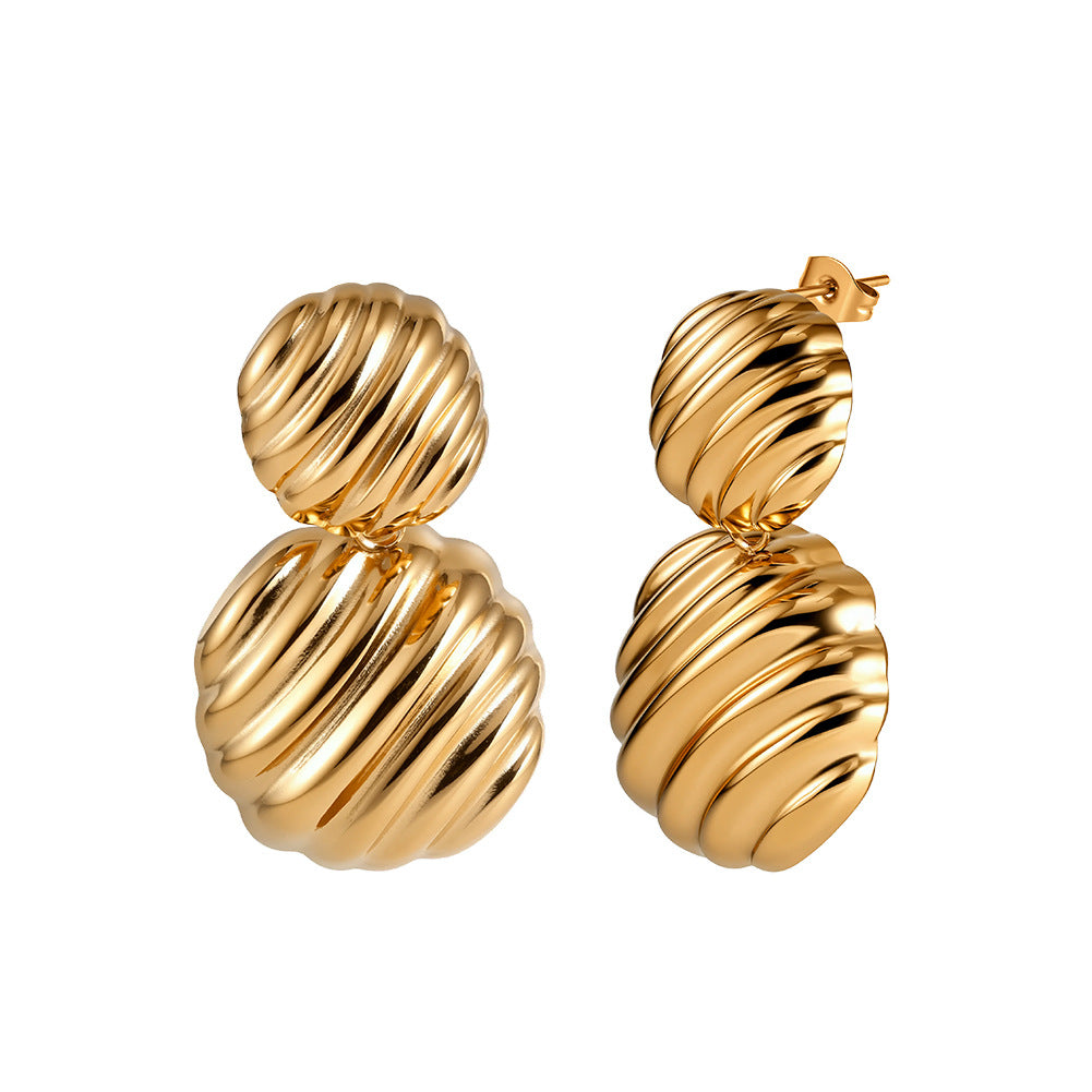 Gold Plated Stainless Steel Double Twisted Ribbed Sphere Drop Stud Earrings