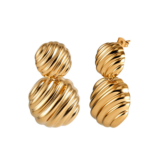 Gold Plated Stainless Steel Double Twisted Ribbed Sphere Drop Stud Earrings