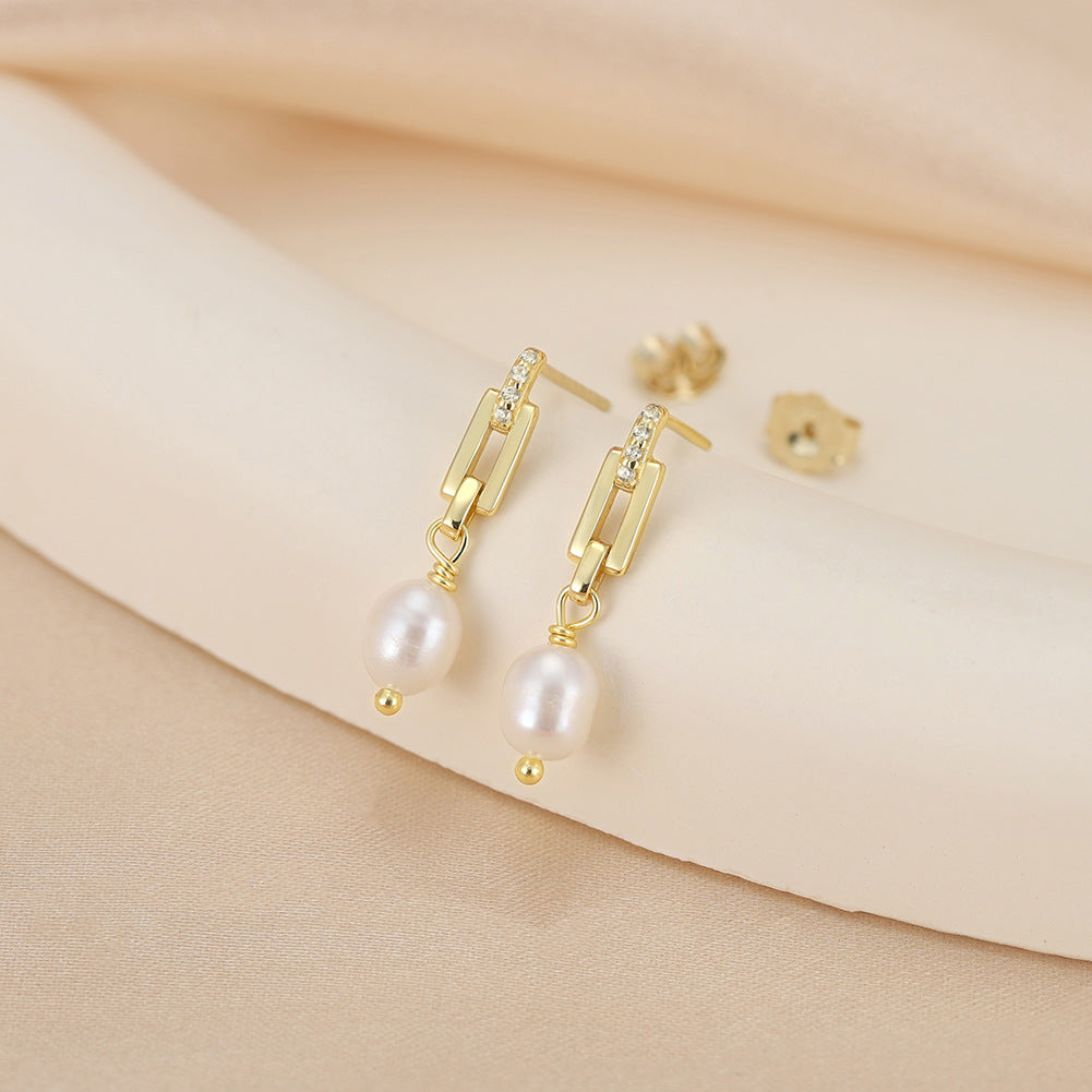 S925 Sterling Silver Paperclip Link CZ Accent Teardrop Freshwater Pearl Dangle Earrings, Geometric Chain Oval Lustrous Pearl Drop Earrings