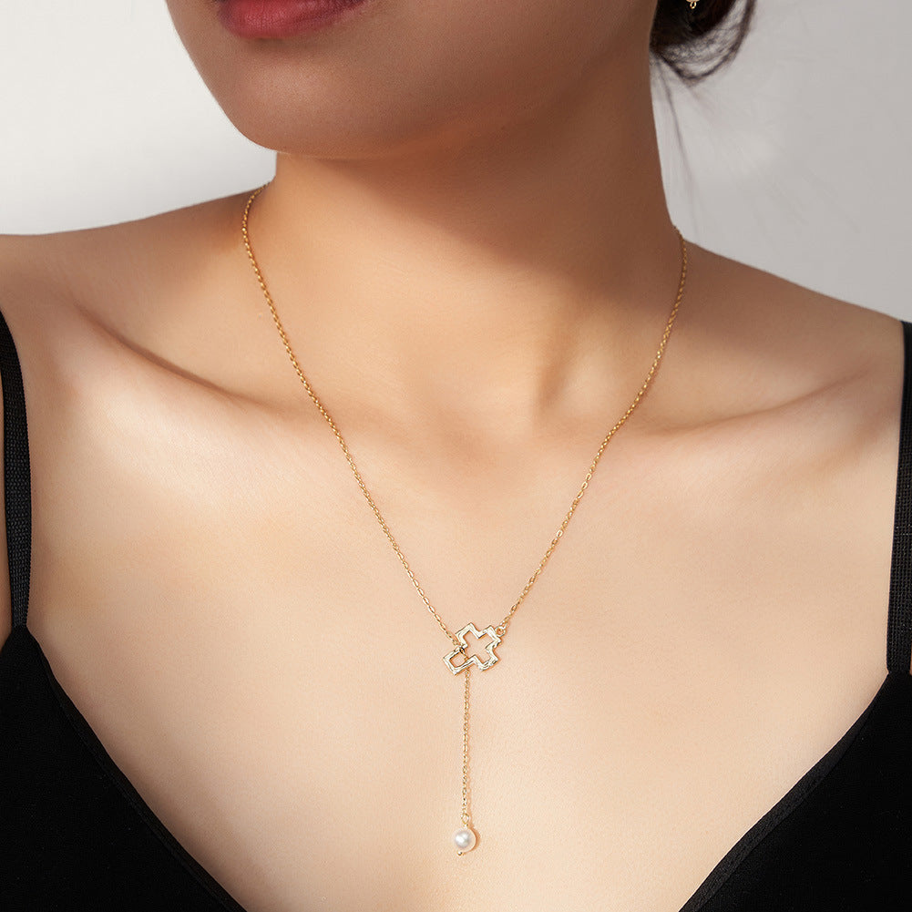 Hammered Gold Cross Lariat Necklace, Lustrous Round Freshwater Pearl Drop Pendant Adjustable Gold Chain