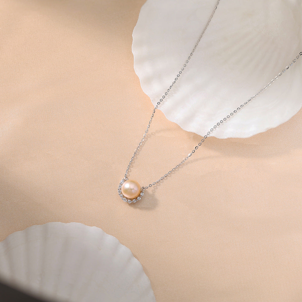 Single Large Round Lustrous Freshwater Pearl Pendant Necklace, Pale Pink Pearl with Halo Cubic Zirconia S925 Silver Cable Chain