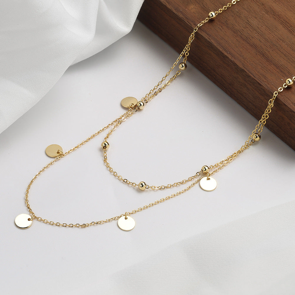 Stainless Steel Double Layer Disc Bead Necklace, Gold Plated Dangling Circle Coin Choker, Dainty Layered Round Pendant Necklace for Women