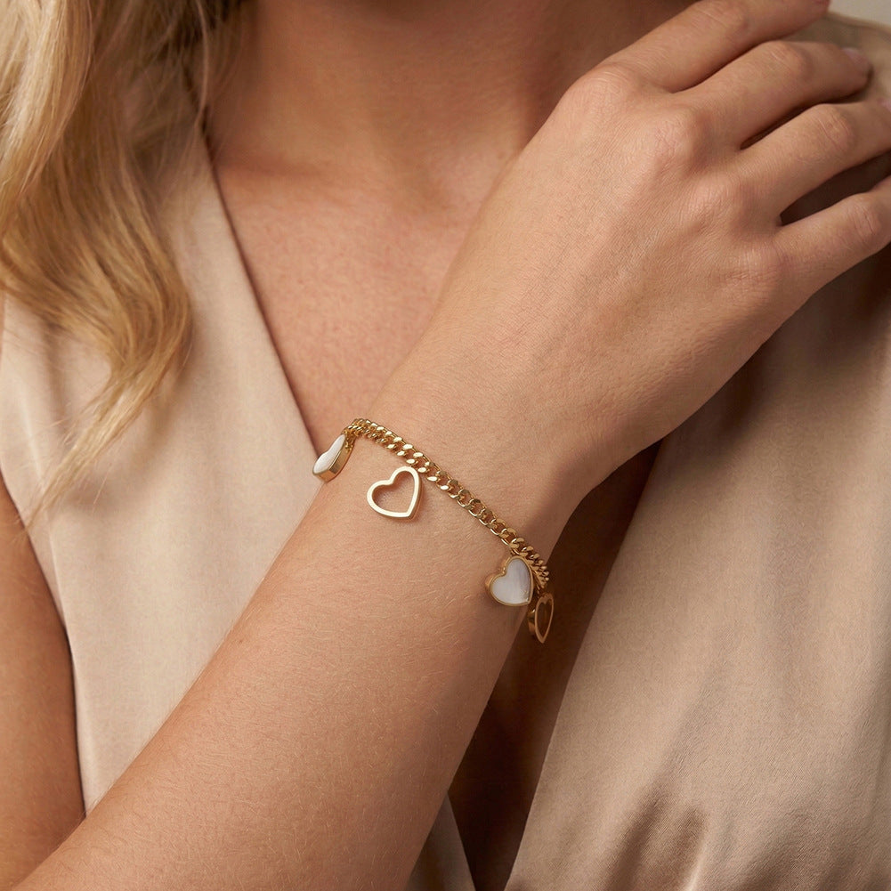 Gold Plated Stainless Steel Curb Chain Heart Bracelet, Hollow Outline Hearts & White Mother of Pearl Inlaid Heart Charms