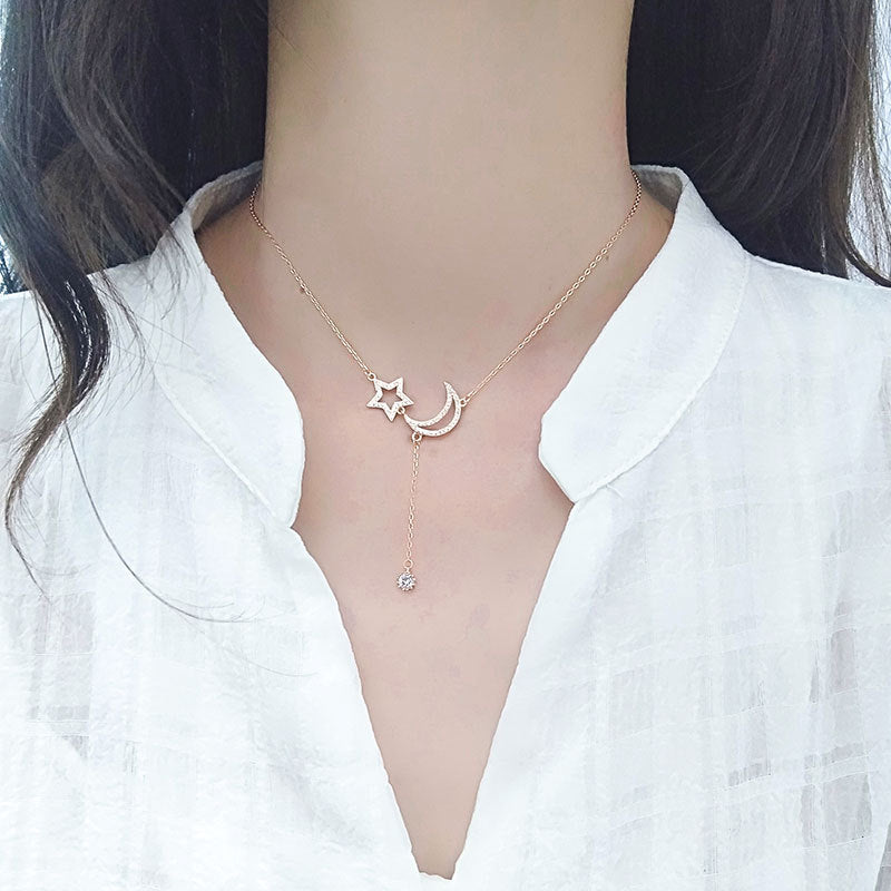 925 Sterling Silver Fashion Moon and Star Necklace