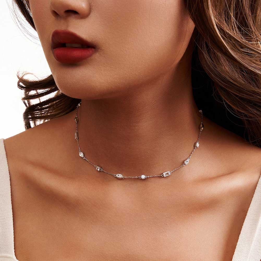 Gold Stainless Steel Multi Shape CZ Station Necklace, Oval Square Pear Round Mixed Cut Clear Zirconia Thin Chain