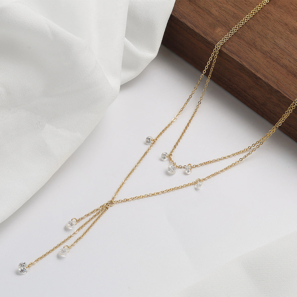 Stainless Steel Double Layer  Drop Necklace, Silver Plated Multi Round Crystal Tassel Necklace, Dainty Stackable Y Shaped Necklace for Women