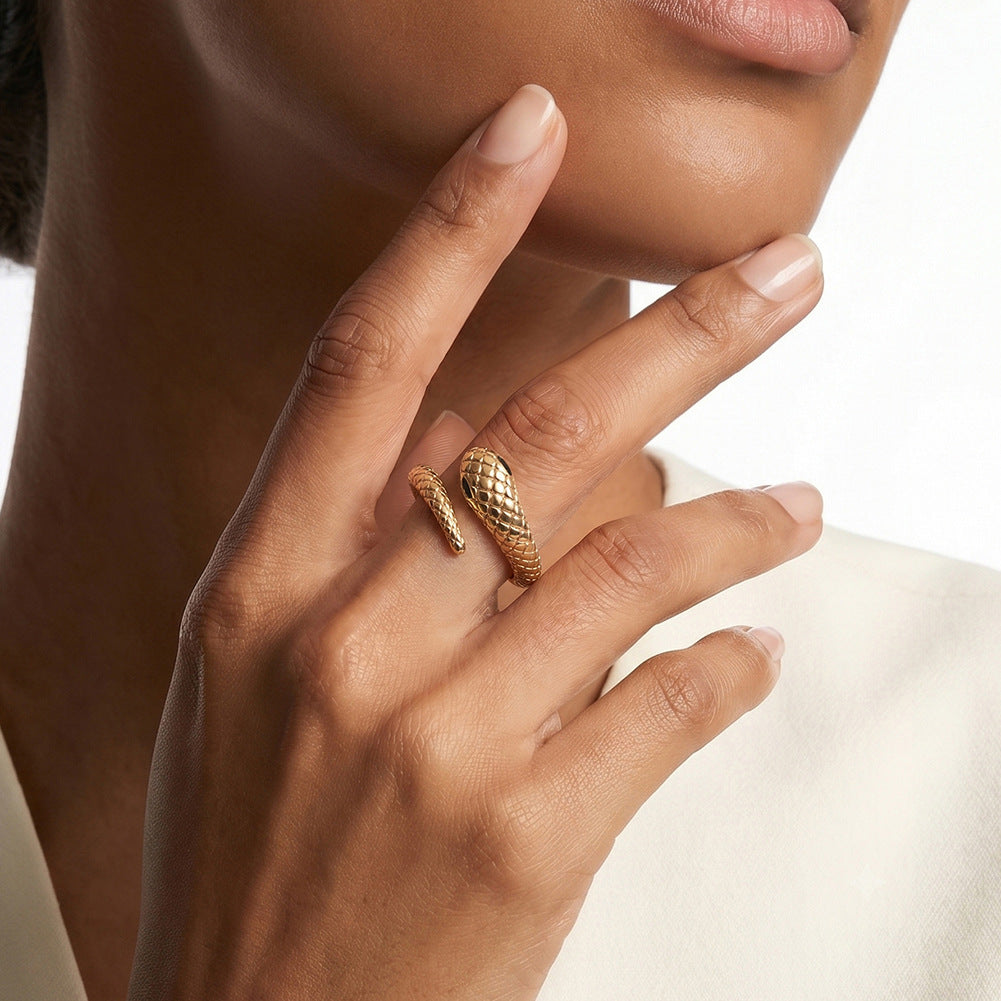 Gold Plated Stainless Steel Open Snake Ring, Scale Pattern with Black CZ Eyes