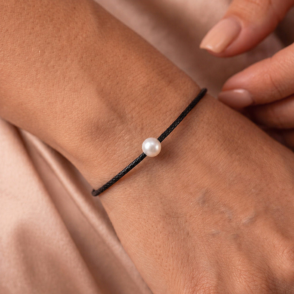 Minimalist Black Wax Cord Bracelet, Single Lustrous Round Freshwater Pearl, Adjustable Sliding Knot Closure