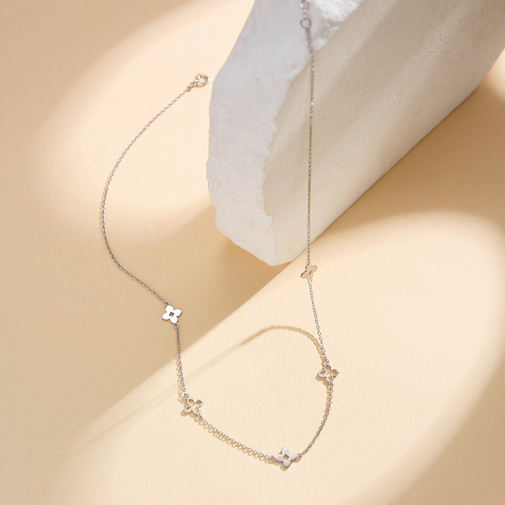 Stainless Steel Four Leaf Clover Station Necklace, Gold Plated Dainty Clover Charm Chain Necklace, Minimalist Floral Necklace for Ladies