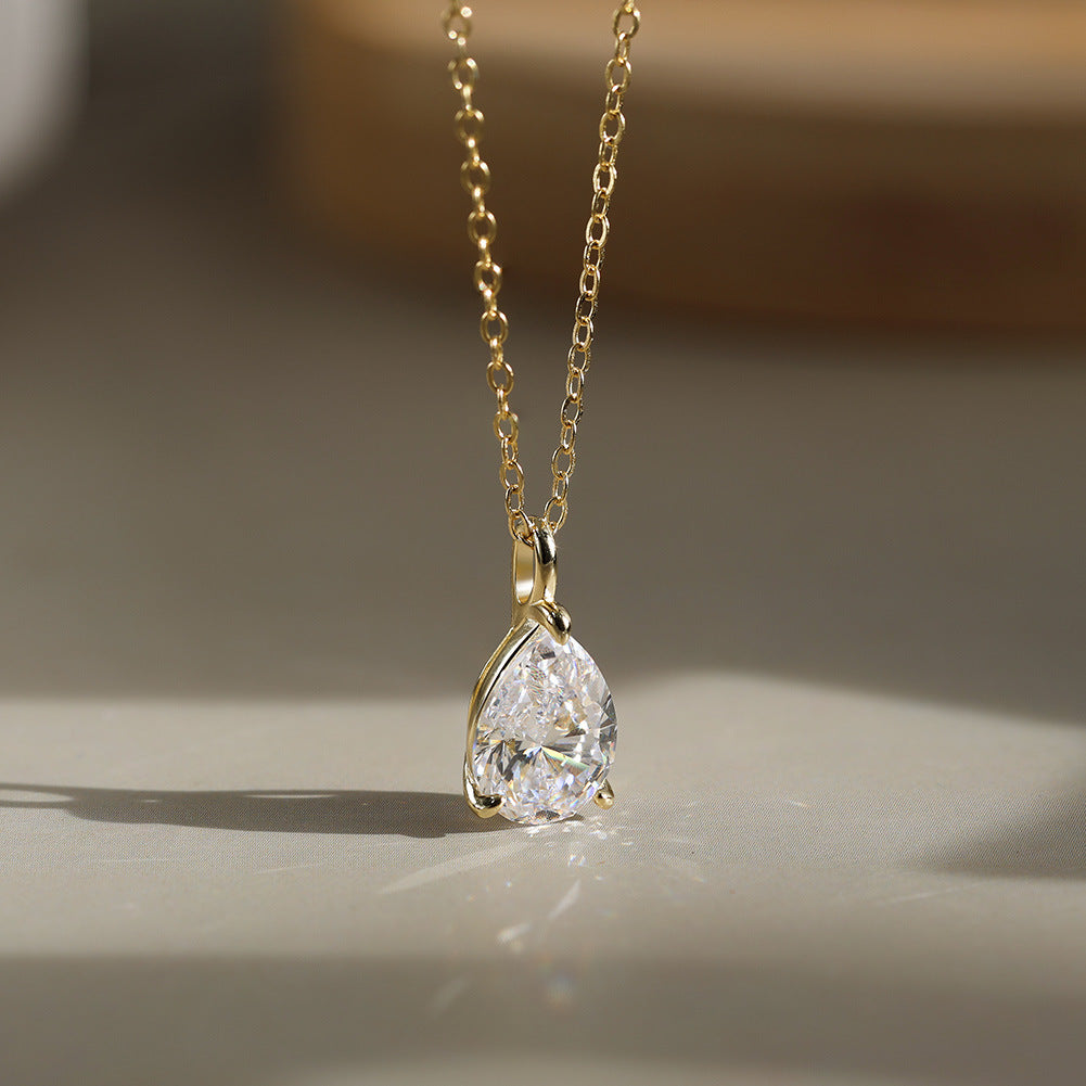 Gold Stainless Steel Pear Cut CZ Solitaire Necklace, Four Prong Teardrop Cubic Zirconia Pendant Cable Chain