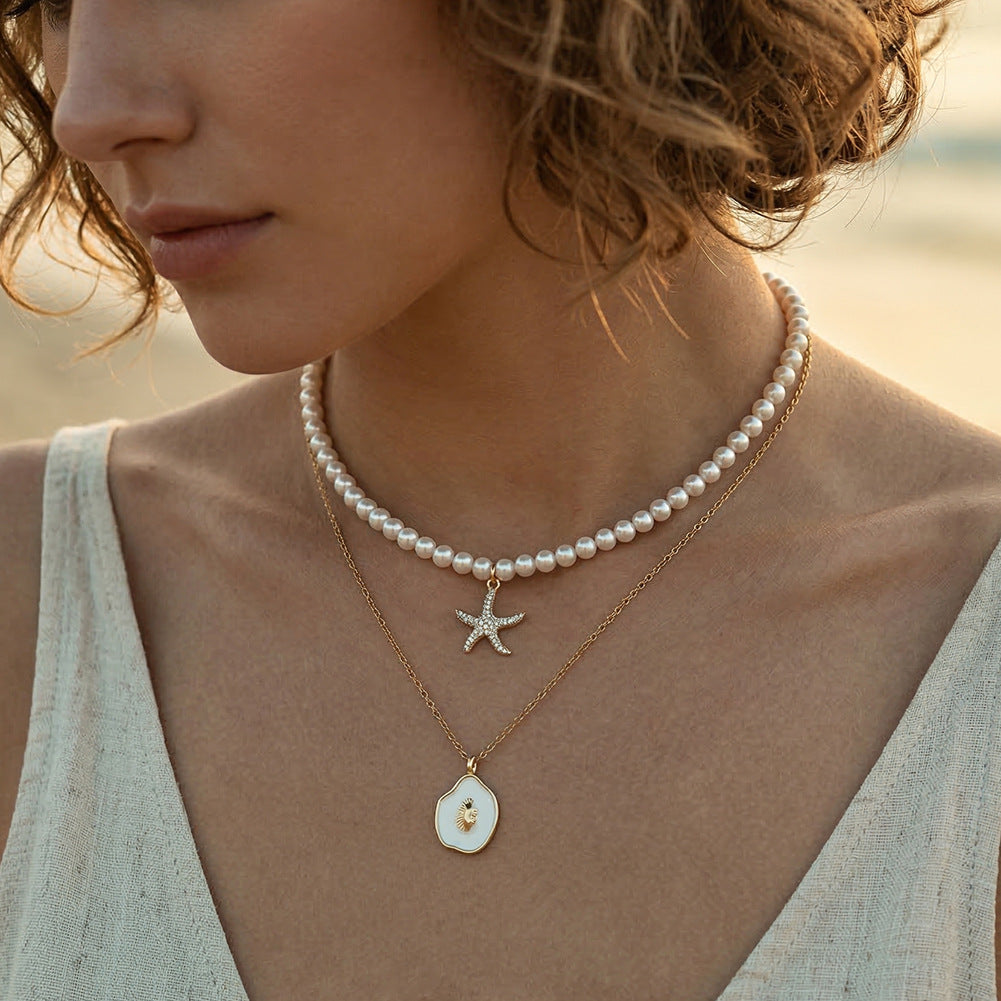 Gold Stainless Steel Irregular Shell Pendant Necklace, White Enamel With 3D Seashell Charm Cable Chain