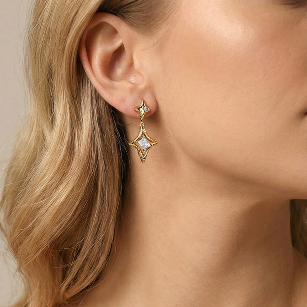 Gold Plated Stainless Steel Hollow Star Shape CZ Drop Stud Earrings