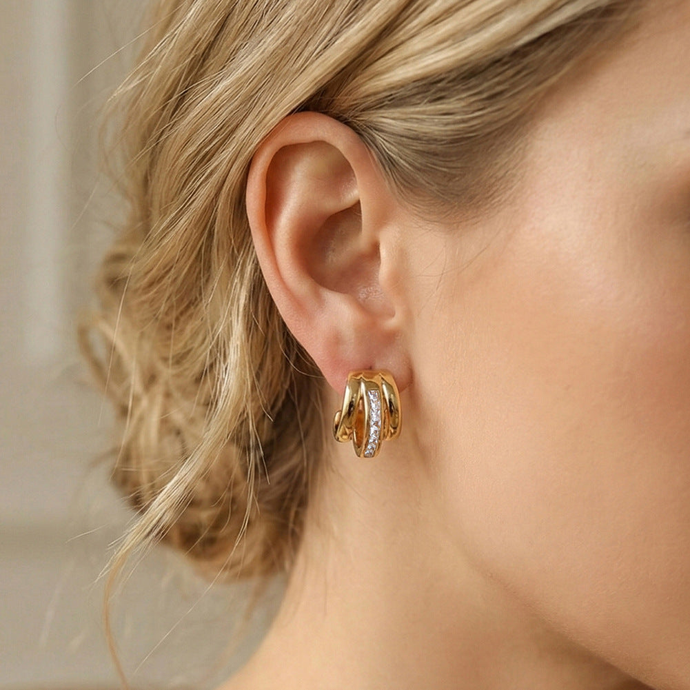 Gold Plated Stainless Steel Triple Band C Hoop Earrings With Inlaid CZ Strip