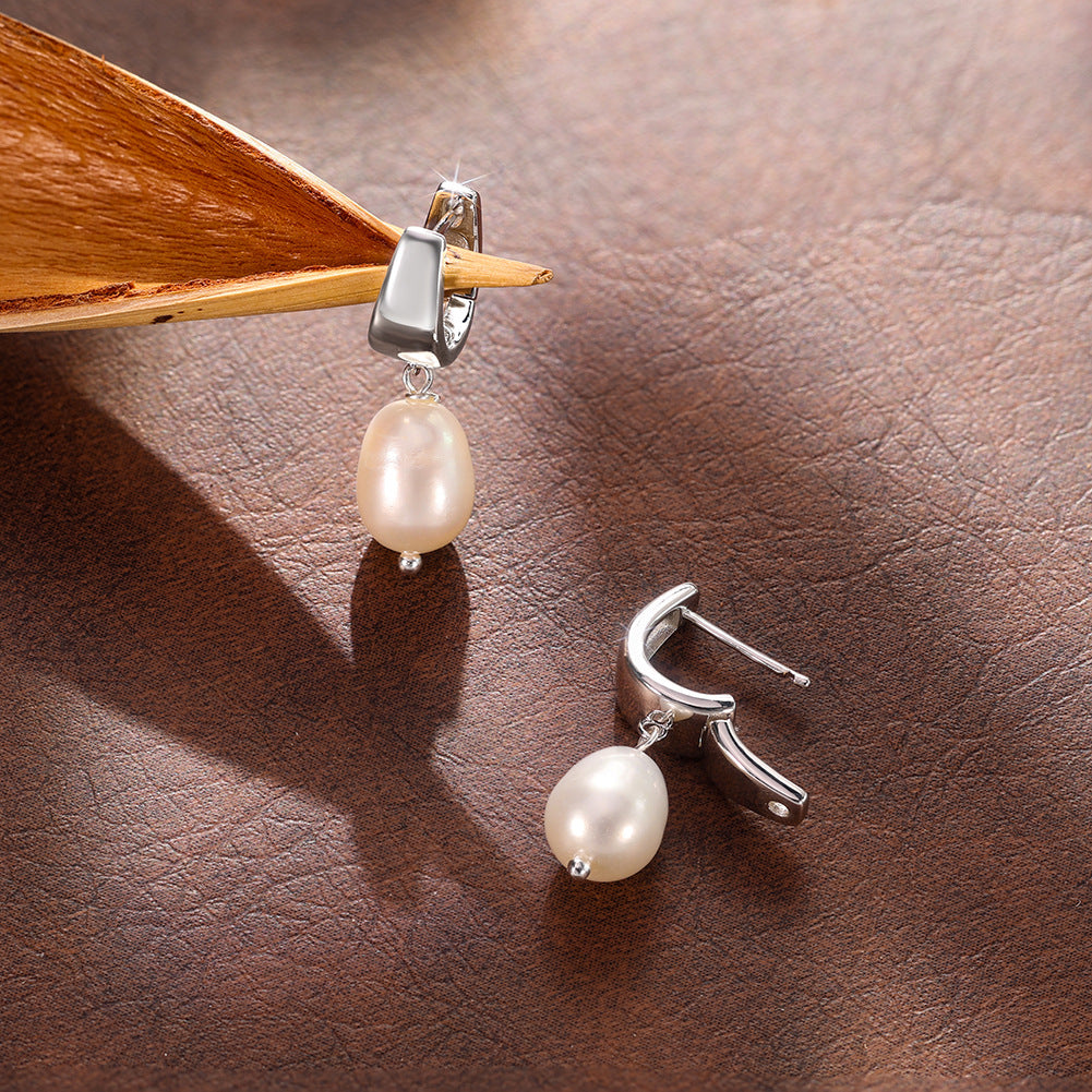 S925 Sterling Silver Huggie Hoop Teardrop Freshwater Pearl Dangle Earrings, Polished U-Shape Hoop with Lustrous Oval Pearl Drop