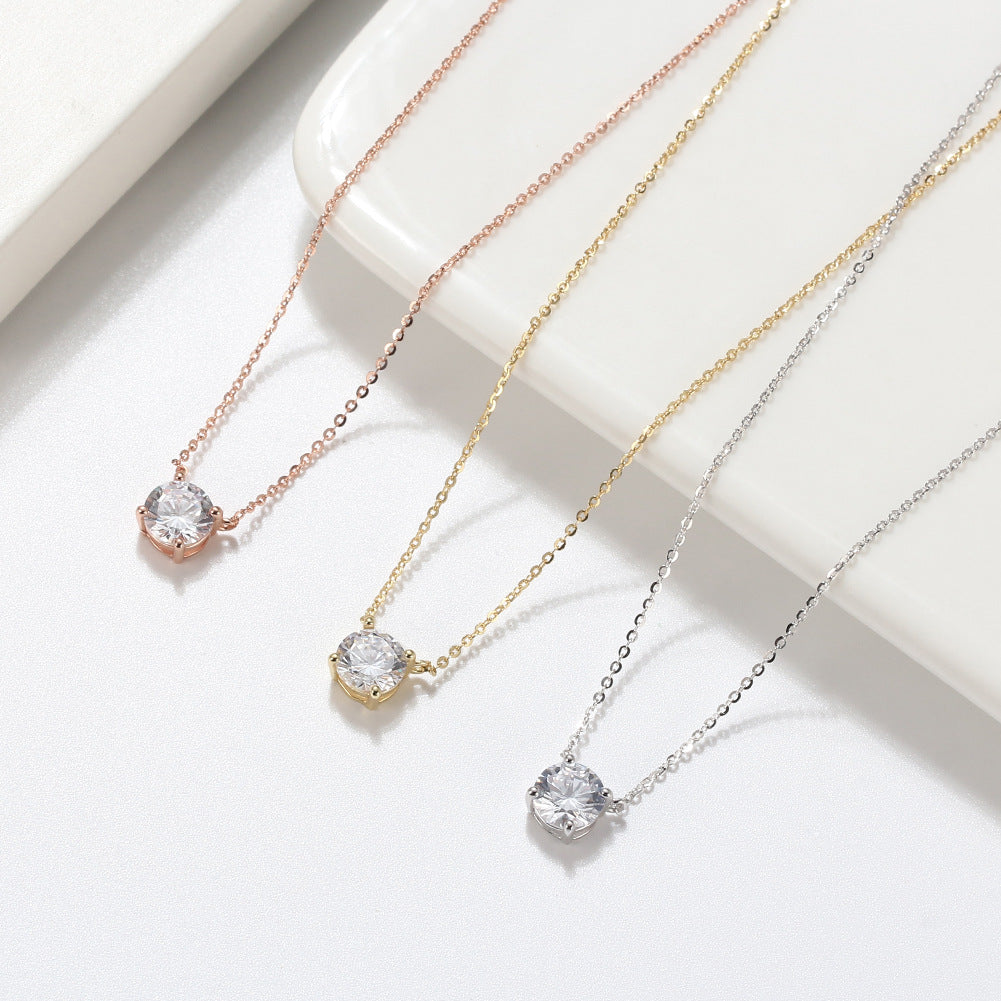 Gold Stainless Steel Round CZ Solitaire Necklace, 4-Prong Set Clear Round Cubic Zirconia Dainty Cable Chain Pendant Necklace