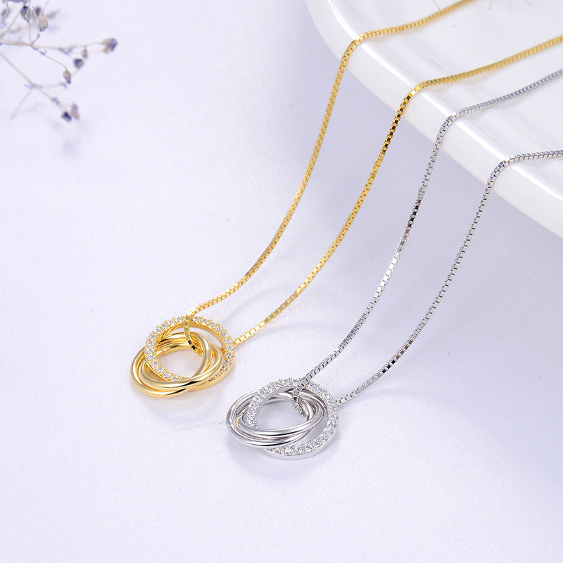 Gold Stainless Steel Interlocking Triple Rings Necklace, One Pave CZ Inlaid Circle Three Linked Rings Box Chain Pendant