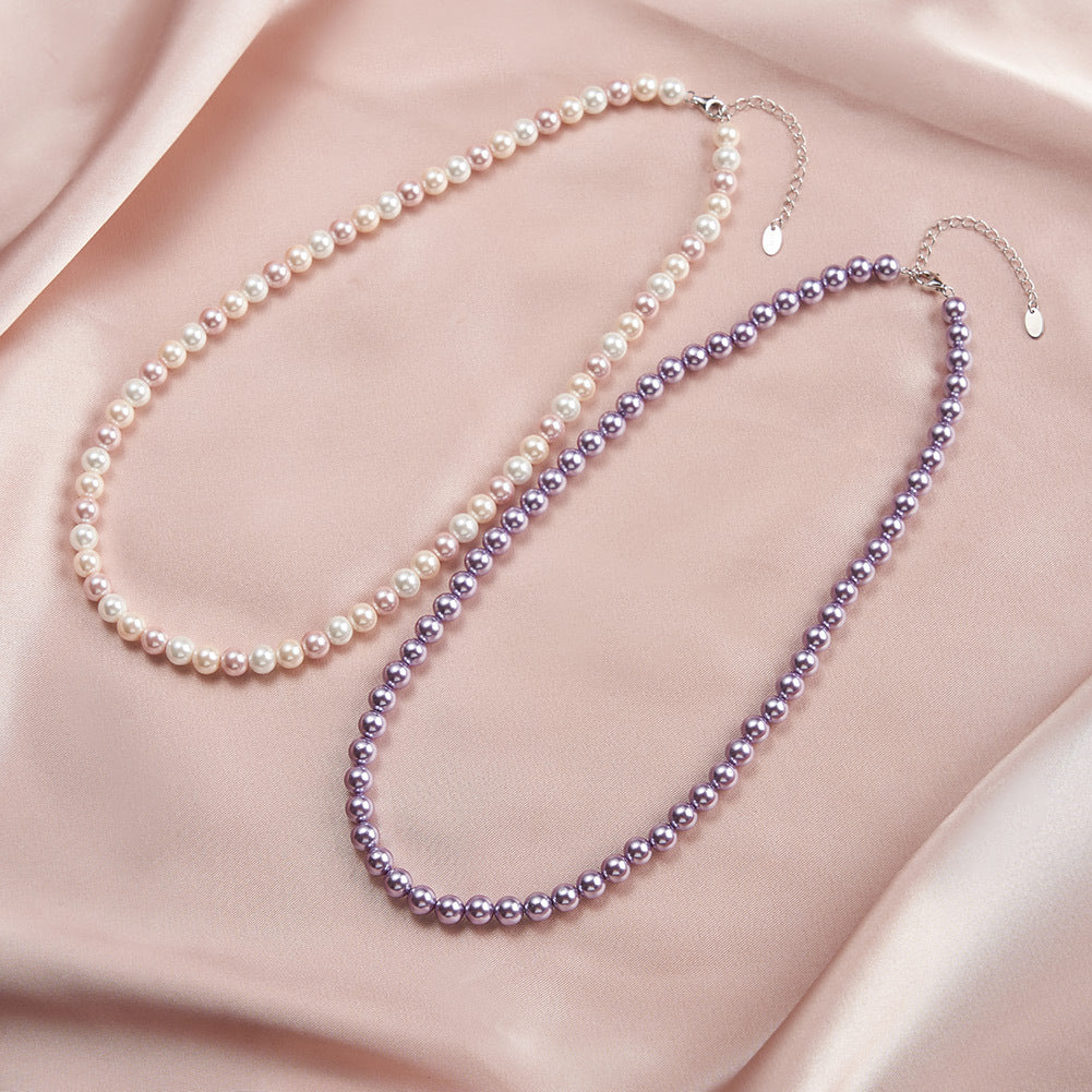 Silver Stainless Steel Multicolor Imitation Pearl Strand Necklace, Round Mixed White Pink Champagne Pearls with Adjustable Extension Chain