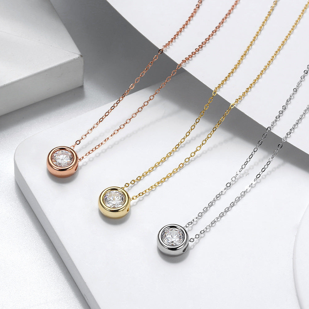 Gold Stainless Steel Bezel Set Round CZ Pendant Necklace, Single Clear Round Cubic Zirconia Circular Frame Thin Cable Chain