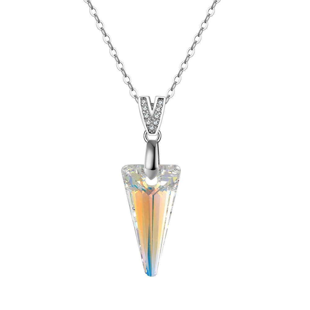 Silver Stainless Steel AB Color Spike Crystal Pendant Necklace, Aurora Borealis Cone Crystal with Paved CZ Bail