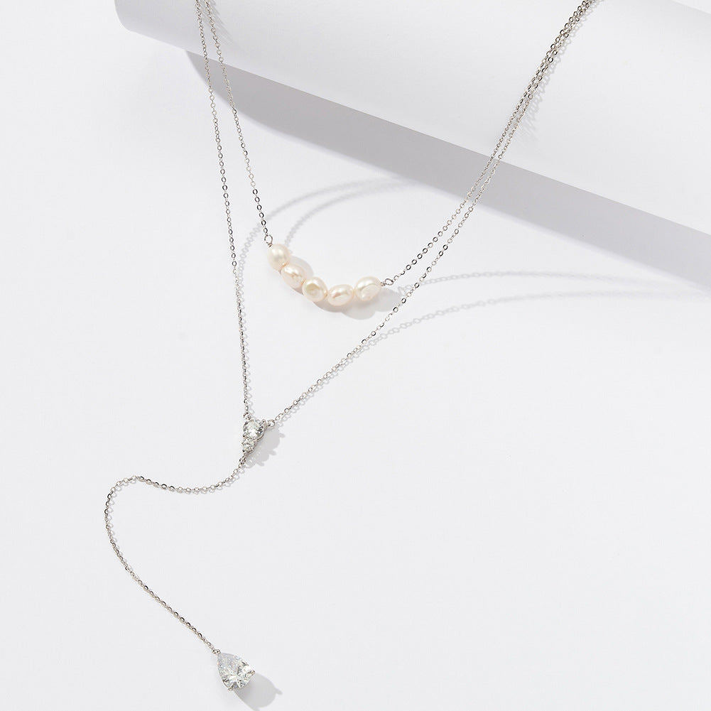 Gold Stainless Steel Two Layer Lariat Y Necklace, Baroque Pearl Choker, Teardrop Cubic Zirconia Drop Y-Drop Chain