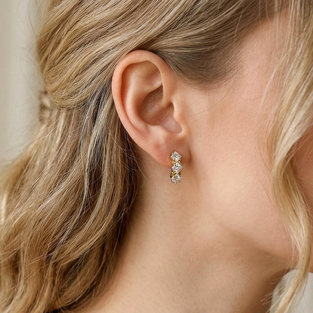 Gold Plated Stainless Steel Triple Square CZ Paved Huggie Hoop Earrings